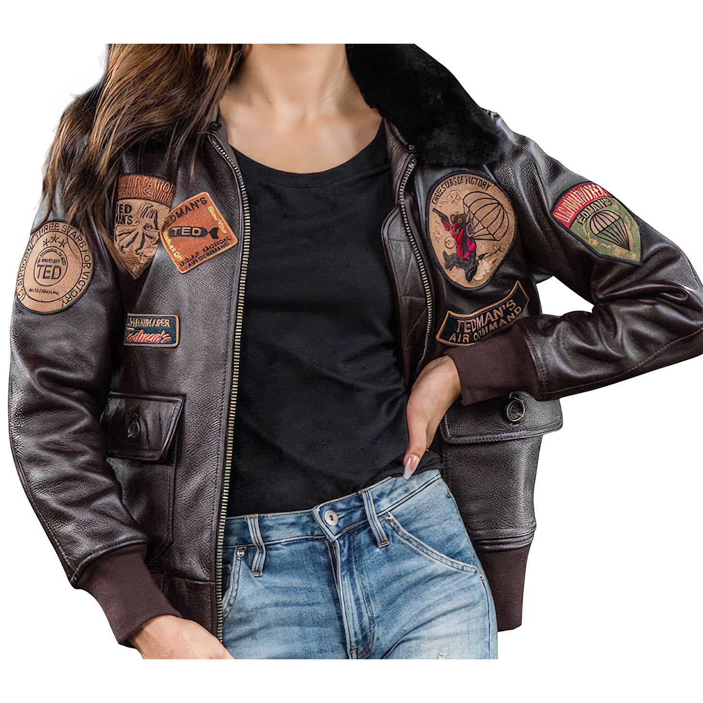 Blouson aviateur de e cuir femme marron
