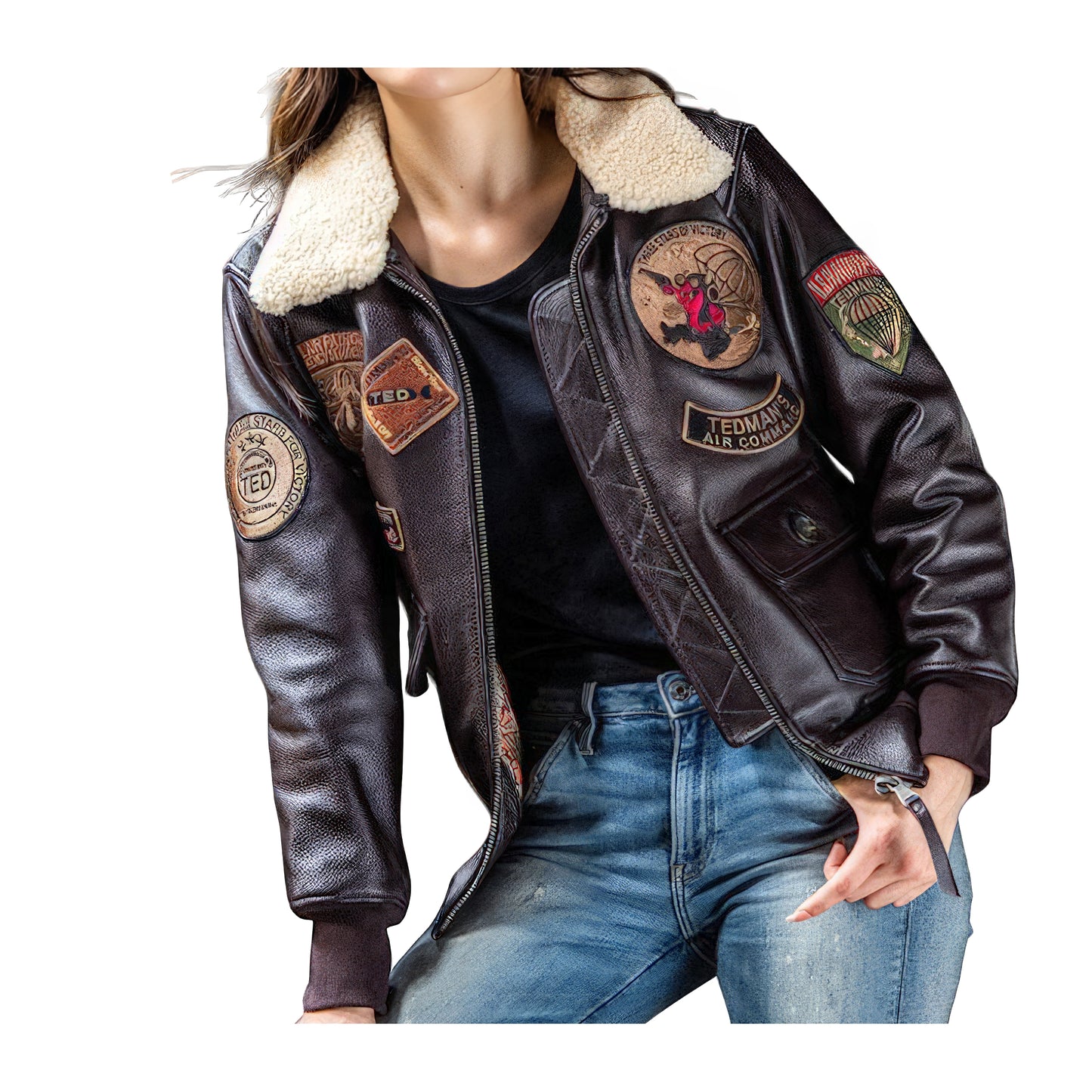Blouson cuir aviateur femme marron