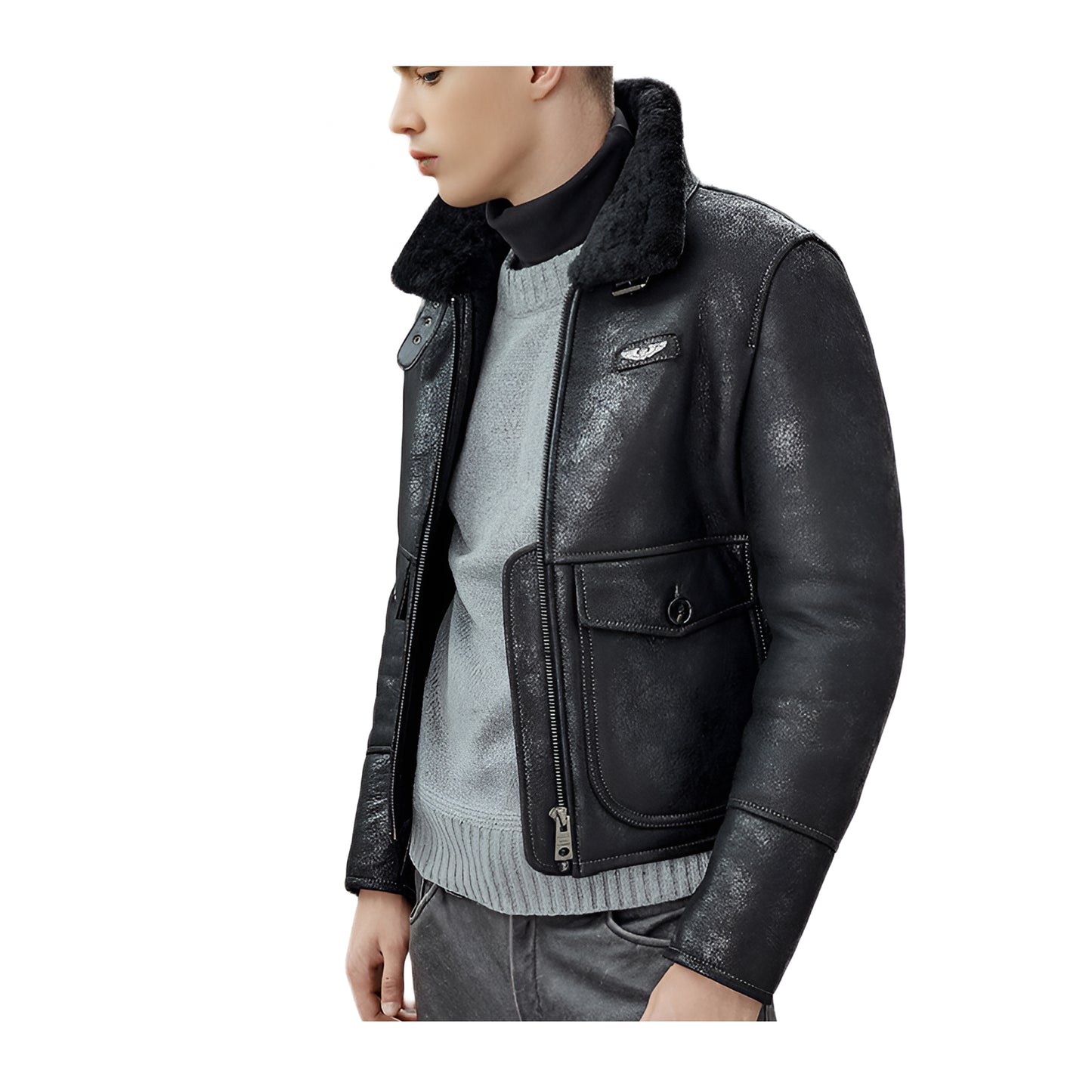 Blousons Cuir Fourrure Noir Hommes