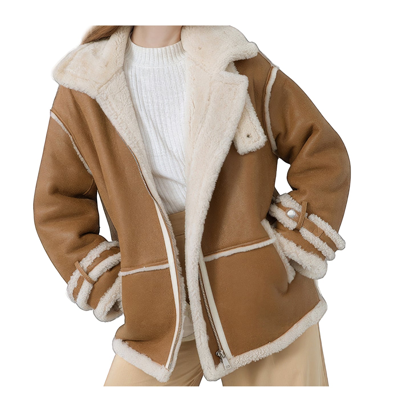 Veste manteau femme cuir retournée peau lainée