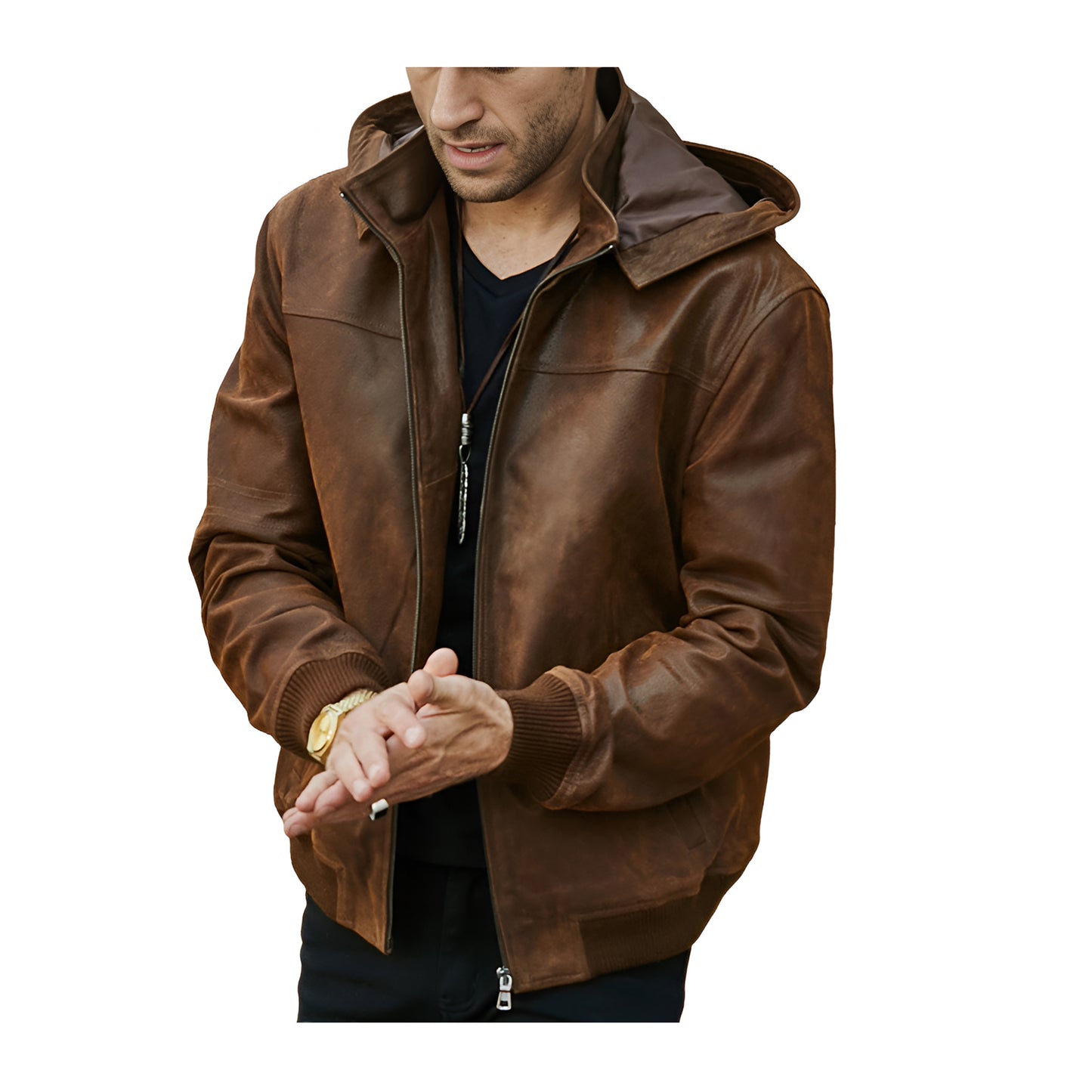 Blouson capuche cuir homme