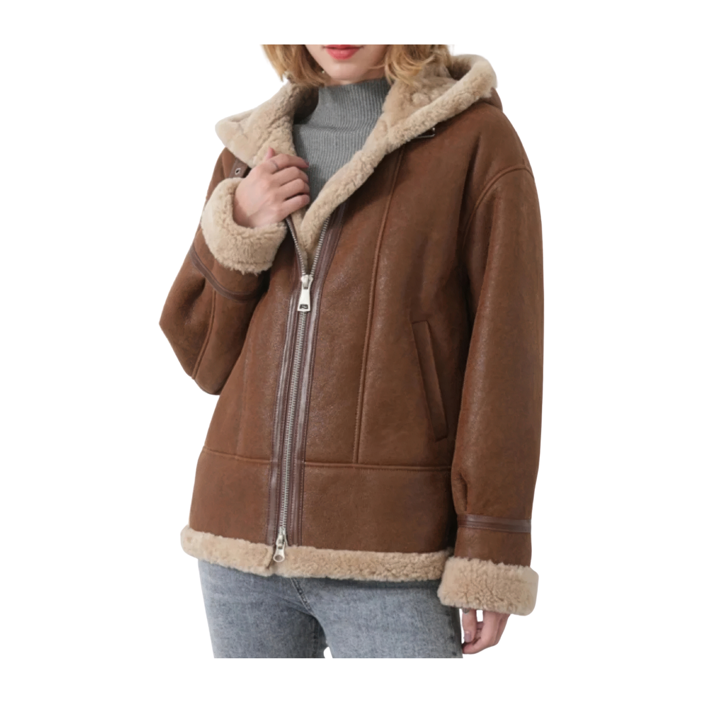 Bombardier capuche cuir femme