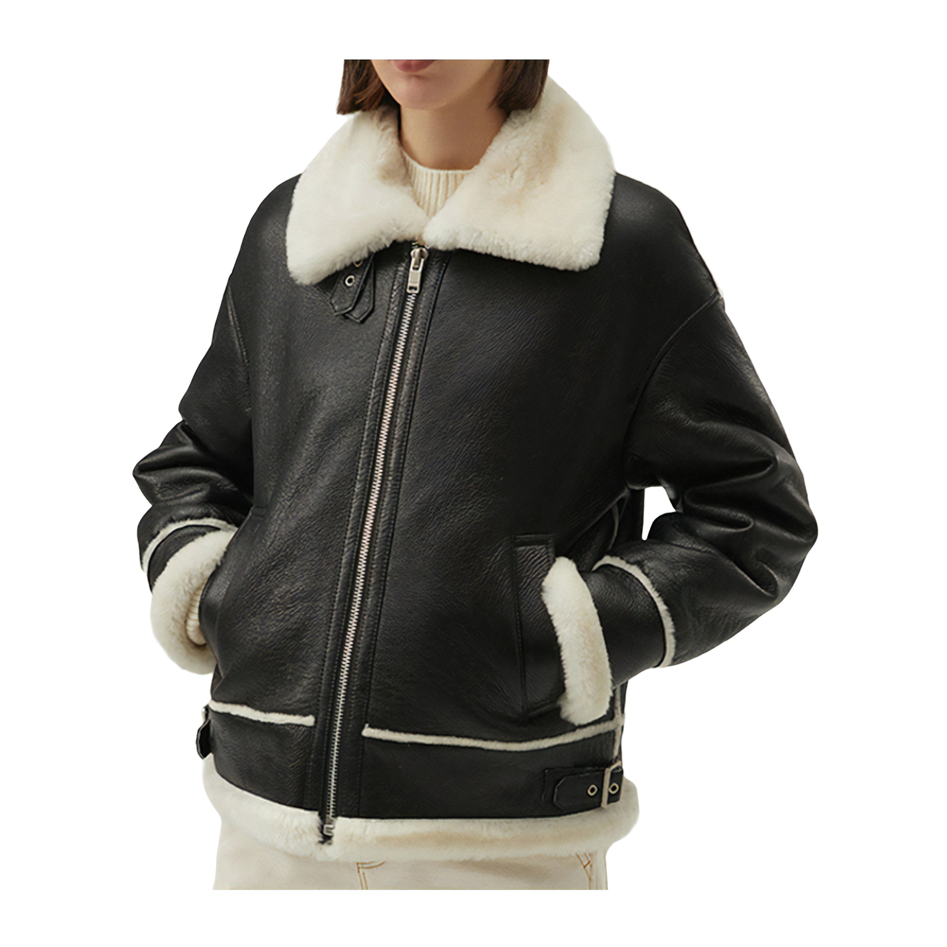 Bombardier Femme Noir et Blanc Cuir Aviateur - Main Image