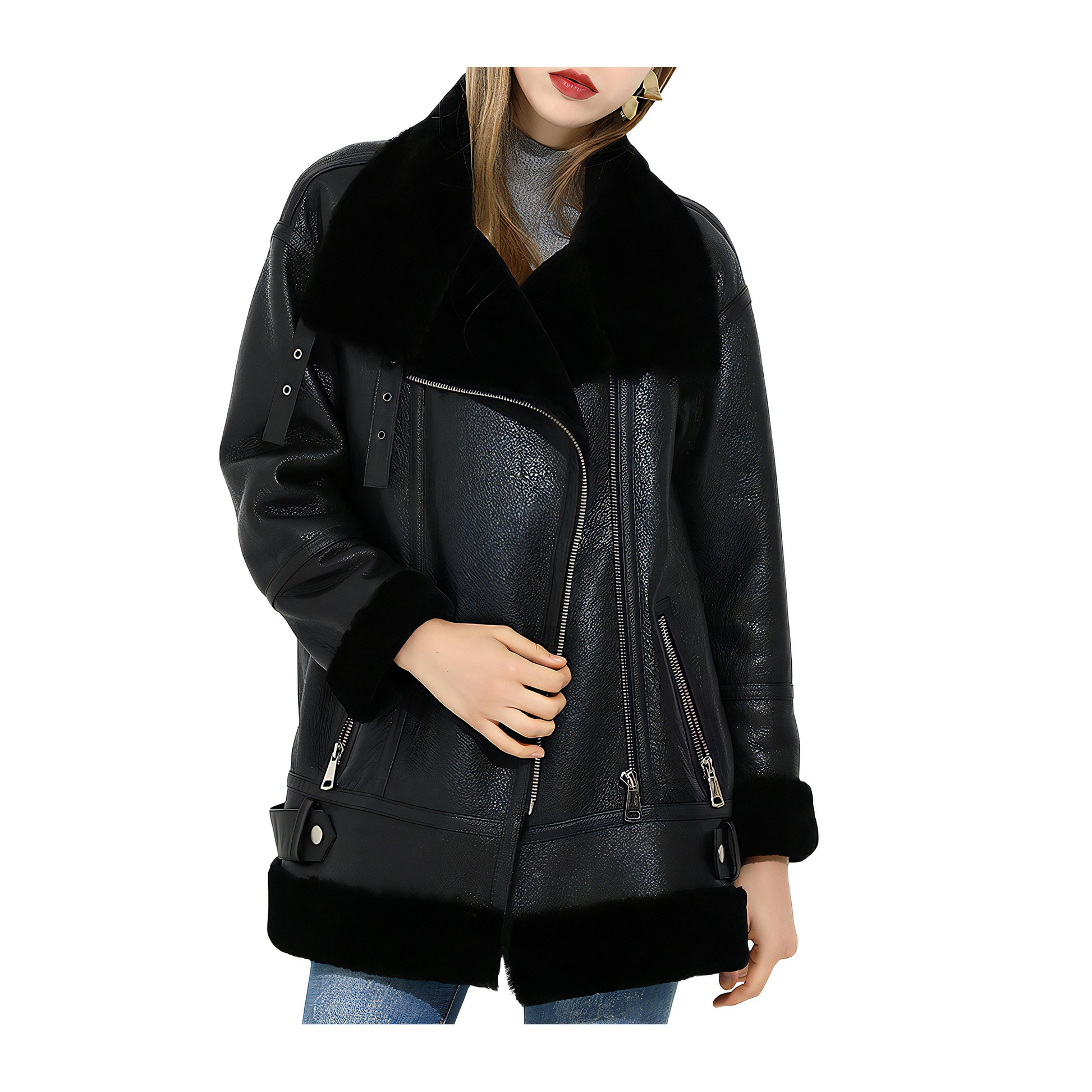 Veste Laine Noire Femme Cuir Aviateur - Main Image