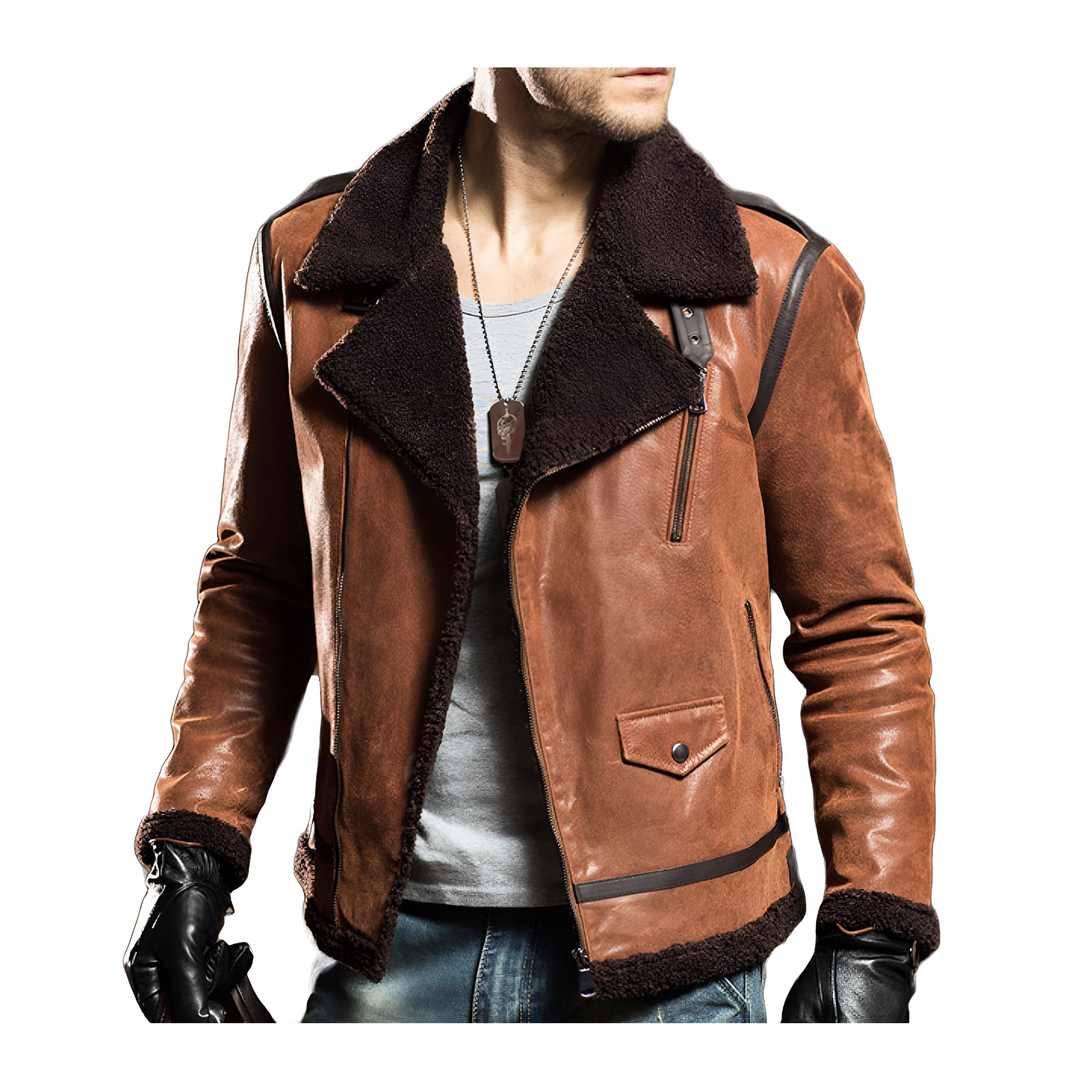 Veste Col Fourrure Homme Cuir Aviateur - Main Image