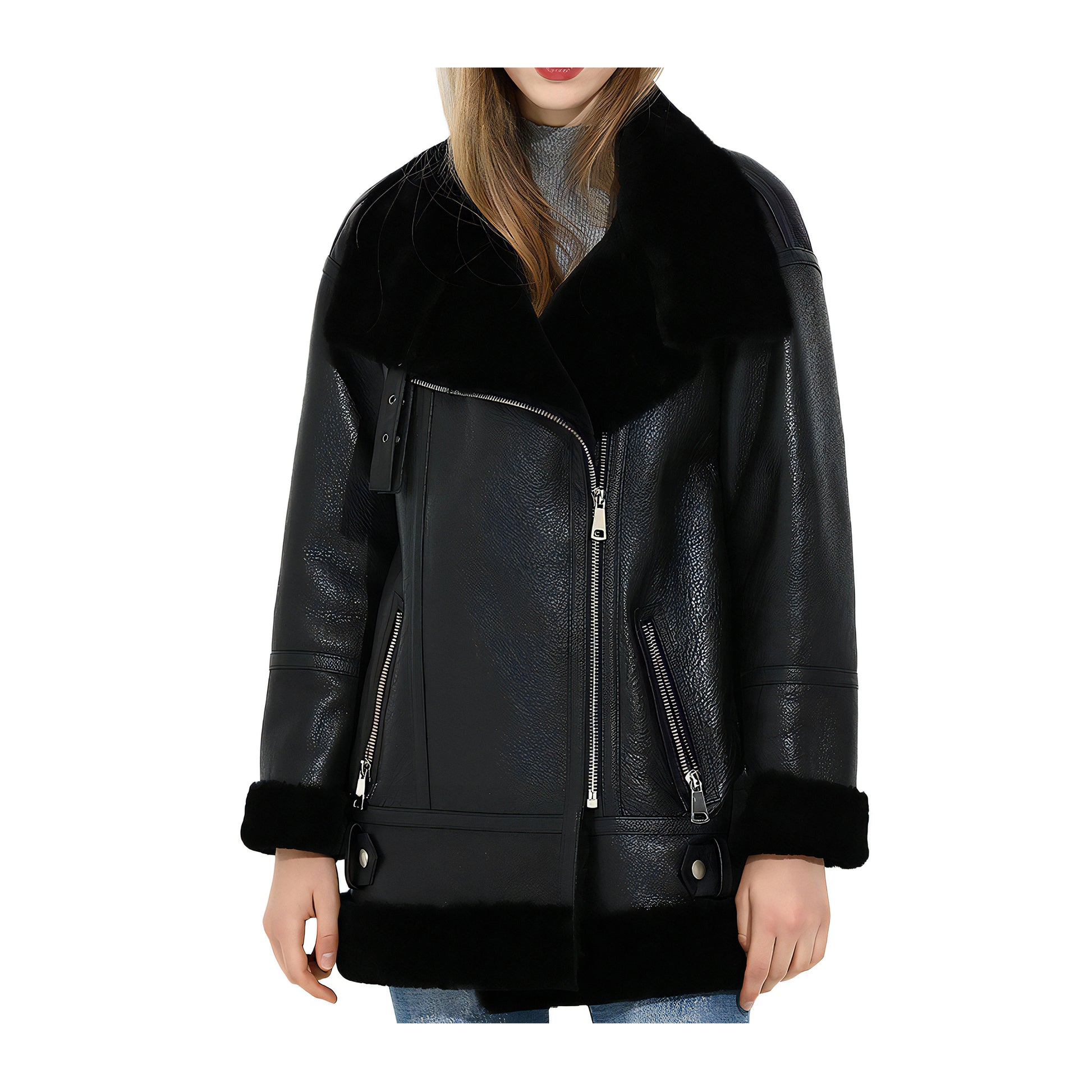 Veste Laine Noire Femme Cuir Aviateur - Main Image